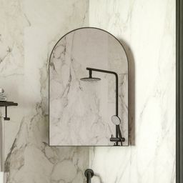 Metal Corner Medicine Cabinet with Arched Mirror, Adjustable Glass Shelves, Space-Saving Bathroom Storage Organizer