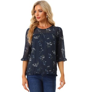 INSPIRE CHIC Women's Round Neck Ruffle 3/4 Sleeve Floral Print Chiffon Blouse - 1 of 4