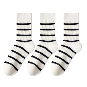 Anna-Kaci 3 Pairs Women's Striped Crew Socks with Ribbed Knit Design and Anti-Pilling Cotton Blend - 1 of 4