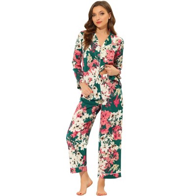 cheibear Womens Satin Sleepwear Pajama Floral Button Down Long Sleeve Nightwear Pjs Lounge Set