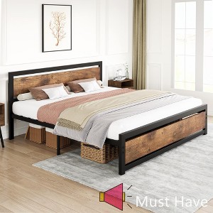 Jojoka Industrial King Bed Frame with Wood Headboard and Footboard, Sturdy Metal Platform with 14 Inch Under-Bed Storage, Easy Assembly, No Noise - 1 of 4
