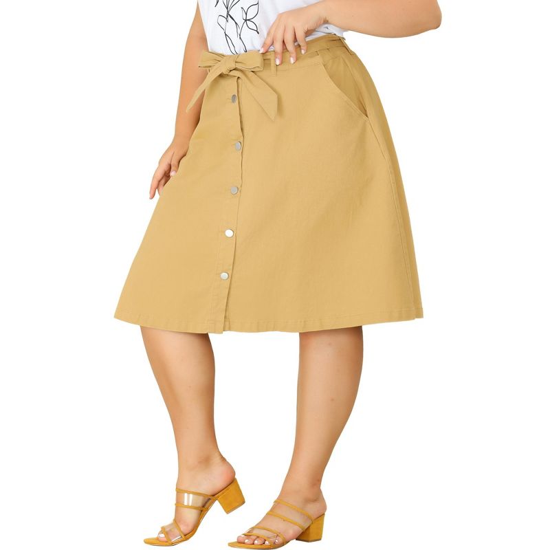 Agnes Orinda Women's Plus Size Denim Tie Waist Button Front A-Line Midi Skirts, 2 of 6
