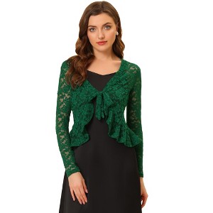 INSPIRE CHIC Women's Tie Front Ruffled Hem Floral Lace Sheer Crop Bolero Shrug - 1 of 4