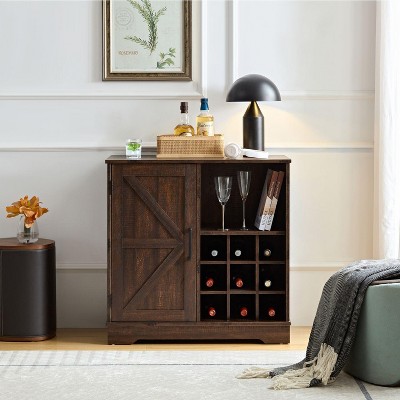 Isabel Farmhouse Coffee Table Kitchen and Dining Cabinet with Bottle Rack, Barn Door and Adjustable Storage Shelves, Indoor Furniture - Maison Boucle