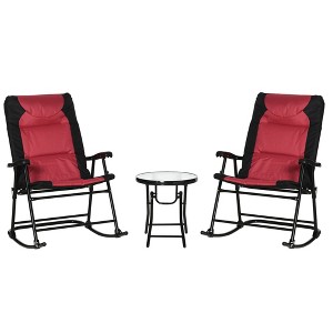 Outsunny 3 Piece Outdoor Patio Furniture Set with Glass Coffee Table & 2 Folding Padded Rocking Chairs, Bistro Style for Porch, Camping, Balcony, Red - 1 of 4