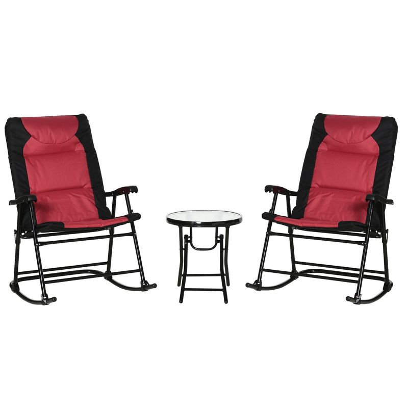 Outsunny 3 Piece Outdoor Patio Furniture Set with Glass Coffee Table & 2 Folding Padded Rocking Chairs, Bistro Style for Porch, Camping, Balcony, Red, 1 of 7