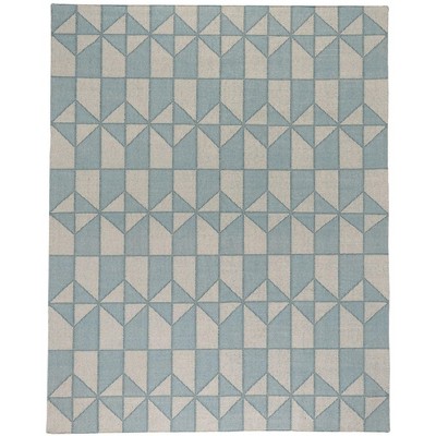 Blue and White Handwoven Cotton Wool Geometric Diamond Rug, 8' x 10'