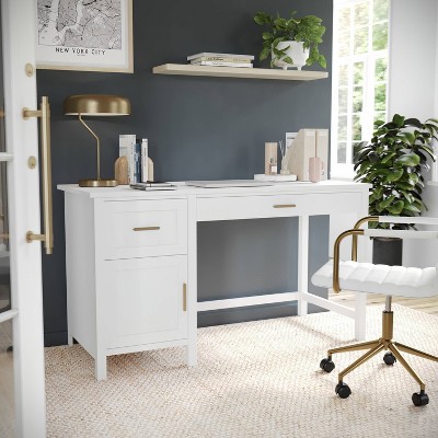 White Wood Home Office Desk with Brass Hardware and Storage