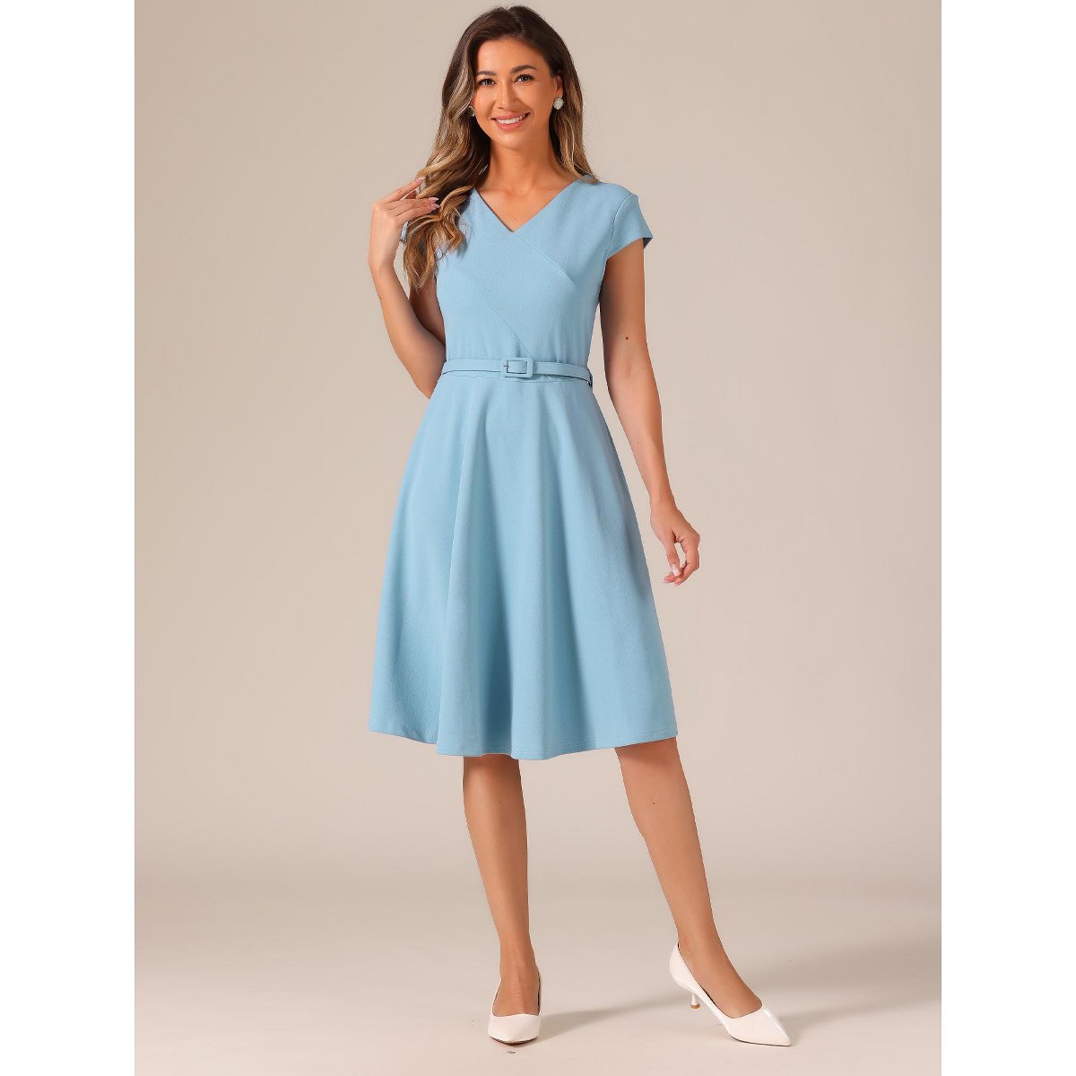 Женские платья INSPIRE CHIC Women's Belted V Neck Cap Sleeve Flowy A-line Cocktail Dresses Blue Large — фото 4