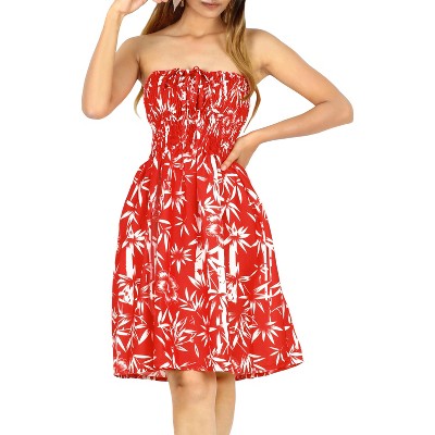 LA LEELA Women's Holiday Flowy Backless Summer Boho Smocked Mini Swing Beach Dress Tube Top Strapless Dresses for Women One Size Red, Floral