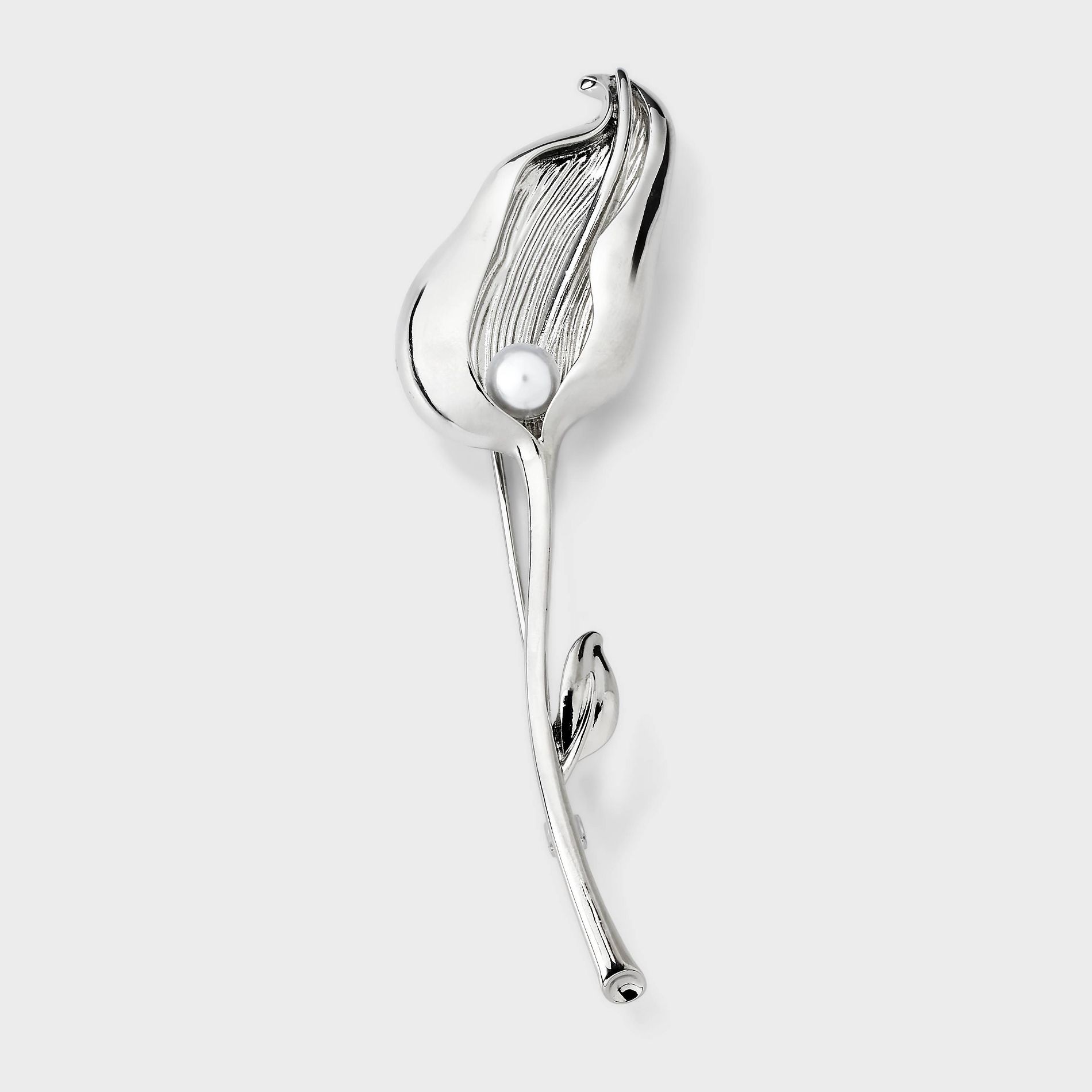 Rhodium Calla Lilly Flower & Pearl Brooch Pin - A New Day™ Silver