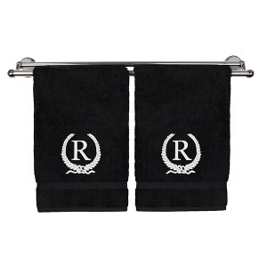 BC BARE COTTON Monogrammed Hand Towel, 100% Turkish Cotton - Set of 2 - Black - White Wreath - 1 of 4