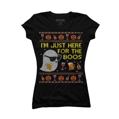 Junior's Design By Humans Funny Here For The Boos Ugly Halloween Sweater By DragonTee T-Shirt