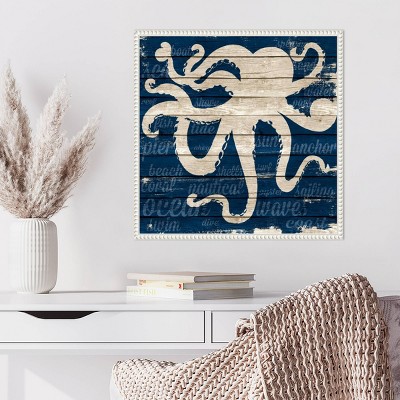 22"x22" Coastal Nautical Octopus Canvas Wall Art in Blue and Beige