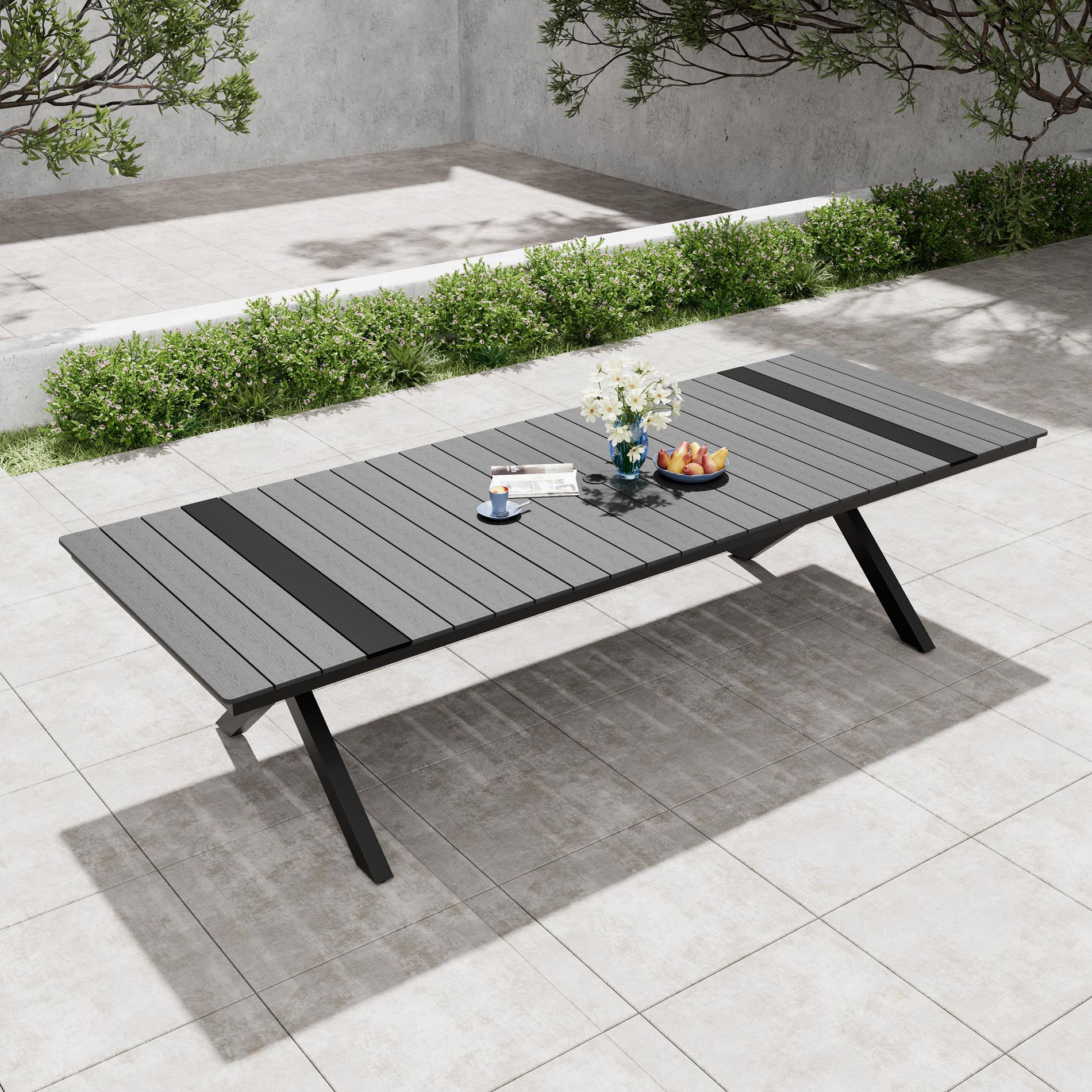 Pellebant 118.1-Inch Outdoor Dining Table X-Shaped Legs Wood-Look Top Aluminum Frame Umbrella Hole Gray