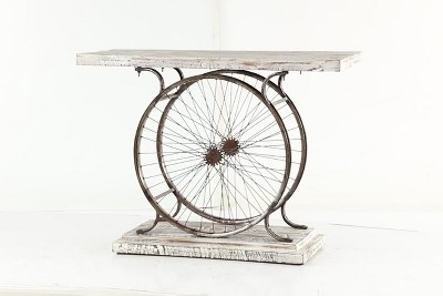 Rustic Blue Bike Console Table with Slatted Wood Top and Metal Frame