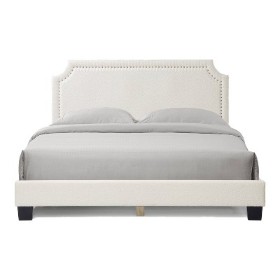 White Boucle Upholstered Queen Bed with Nailhead Trim and Wood Frame