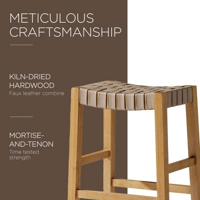 Weathered Natural Backless Saddle Wood Bar Stool with Vegan Leather Seat