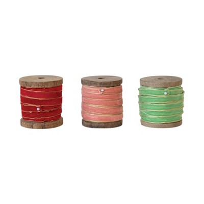 Storied Home Velvet Ribbon with Metallic Edges on Wood Spool, Multicolor, Set of 3
