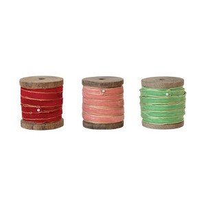 Storied Home Velvet Ribbon with Metallic Edges on Wood Spool, Multicolor, Set of 3 - 1 of 2
