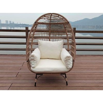 Wicker Egg Chair – Oversized PE Rattan Lounge Chair with Thick 4-inch Cushion & Metal Stand, Waterproof (White)