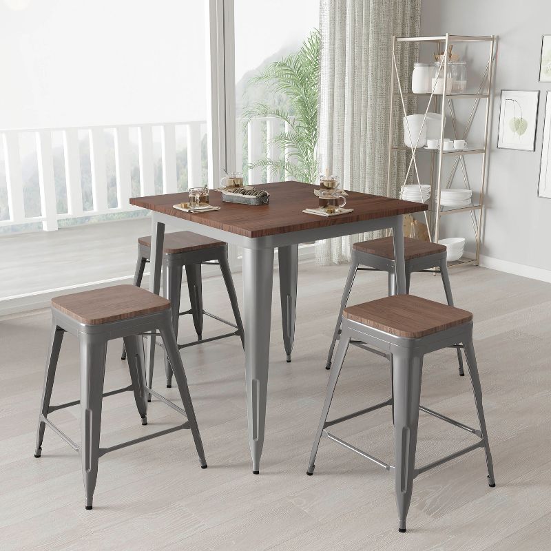 Merrick Lane Set of 4 24 Inch Tall Clear Coated Gray Metal Bar Counter Stool With Textured Walnut Elm Wood Seat, 3 of 6