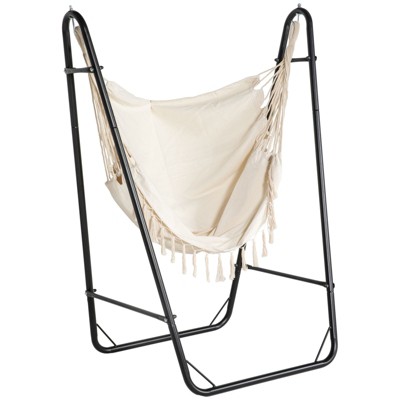 DSVIMOY Patio Hammock Chair with U Shape Stand, Outdoor Hammock Swing Hanging Lounge Chair with Side Pocket, Black&Cream White, 51.2"*35.4"*63"