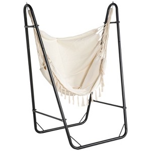 DSVIMOY Patio Hammock Chair with U Shape Stand, Outdoor Hammock Swing Hanging Lounge Chair with Side Pocket, Black&Cream White, 51.2"*35.4"*63" - 1 of 4
