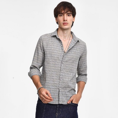 Campus Sutra Men Men's Ash Grey Micro-Tartan Plaid Shirt