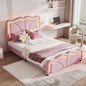 NicBex Twin/Full Size Upholstered Platform Bed with Curve Shaped and Height-adjustbale Headboard,LED Light Strips - 1 of 4