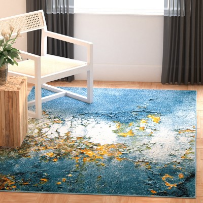 Blue and Gold Abstract Square Synthetic Area Rug