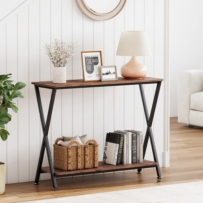 Small Sofa Tables, Narrow Console Table, 2-Tier Industrial Entryway Table with Shelves