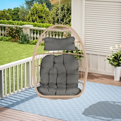 DOMETOUR Outdoor Garden Rattan Egg Swing Chair Hanging Chair Wood+Dark Gray