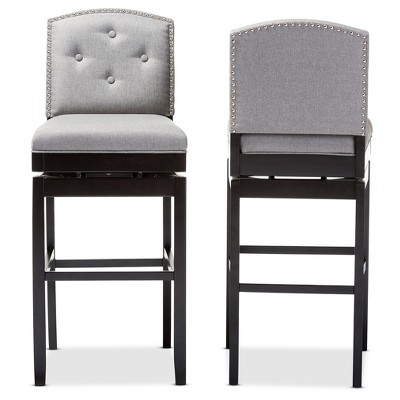 Elegant Gray Fabric Swivel Barstool Set with Button Tufting and Nailhead Trim