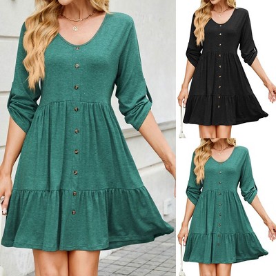 Coolmee Women Casual V-Neck Long Sleeve Single-Breasted Multi-Button Loose Swing Down Mini Dress
