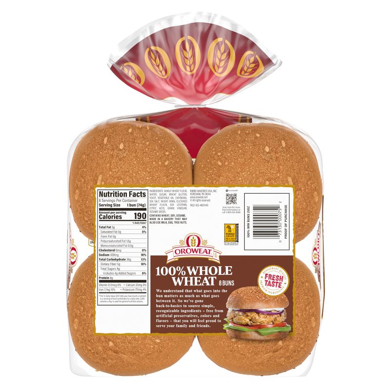Oroweat 100% Whole Wheat Hamburger Buns - 1lbs/8ct, 2 of 7