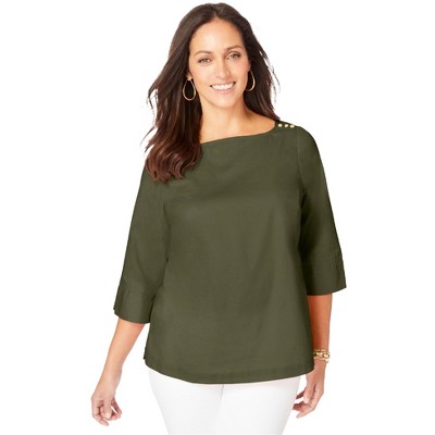 Jessica London Women's Plus Size Stretch Poplin Button Boatneck Tunic