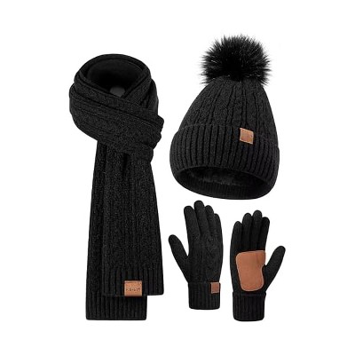 Fisfet Winter Beanie Hat Scarf Gloves Set for Women, Pom Pom Beanie Fleece Lined Knit Neck Warmer Touchscreen Gloves 3 in 1 Gift Set