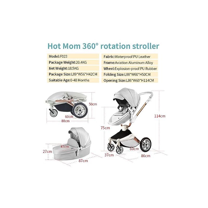 Hotmom Stylish Baby Stroller: Height-Adjustable Seat and Reclining Baby Carriage, 2 of 7
