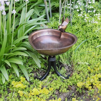 Heart Shaped Copper Birdbath with Black Wrought Iron Stand