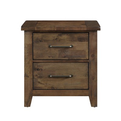 Vynxaria Classic Transitional Nightstand - Burnished Brown Finish,Solid Rubberwood,2 Dovetail Drawers,Antique Brass Pulls, Rustic Bedroom Side Table
