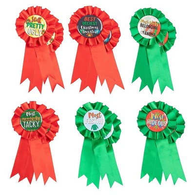 Ugly Christmas Sweater Award Ribbons - 12-Pack Christmas Contest Supplies, 6 Award Designs for Festive Holiday Game, Red and Green, 3x6.2"