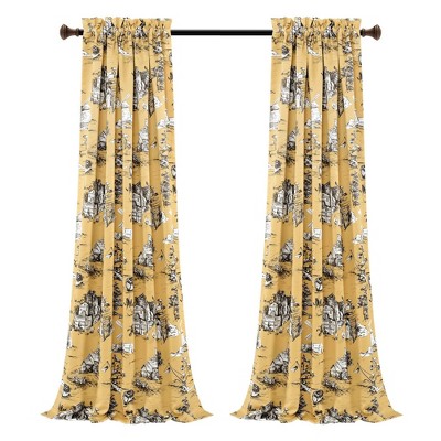 Yellow and Gray French Country Toile Blackout Curtains, 52" x 84"
