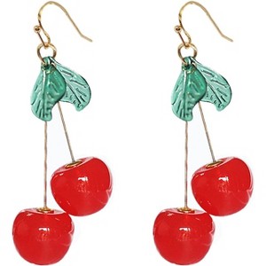 18K Gold Plated Vintage 3D Red Big Cherry Charm& Green Crystal Leaf Fruit Tassel Women Hook Dangle Drop Earrings for Women - 1 of 4