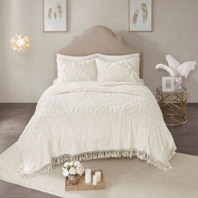 Sapphtopaz Full/Queen Sheet Set, Tufted Cotton Chenille Medallion Fringe Coverlet Mini Set, Boho Shabby Chic/Fringe Hem - Bedding with Shams