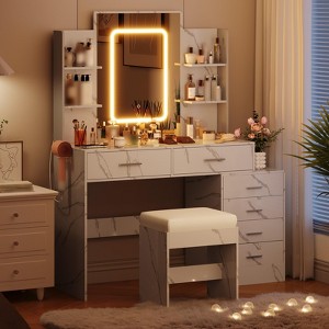 Vanity Desk with Mirror, LED Lights, Power Outlet, Makeup Vanity Table with 6 Drawers - 1 of 4