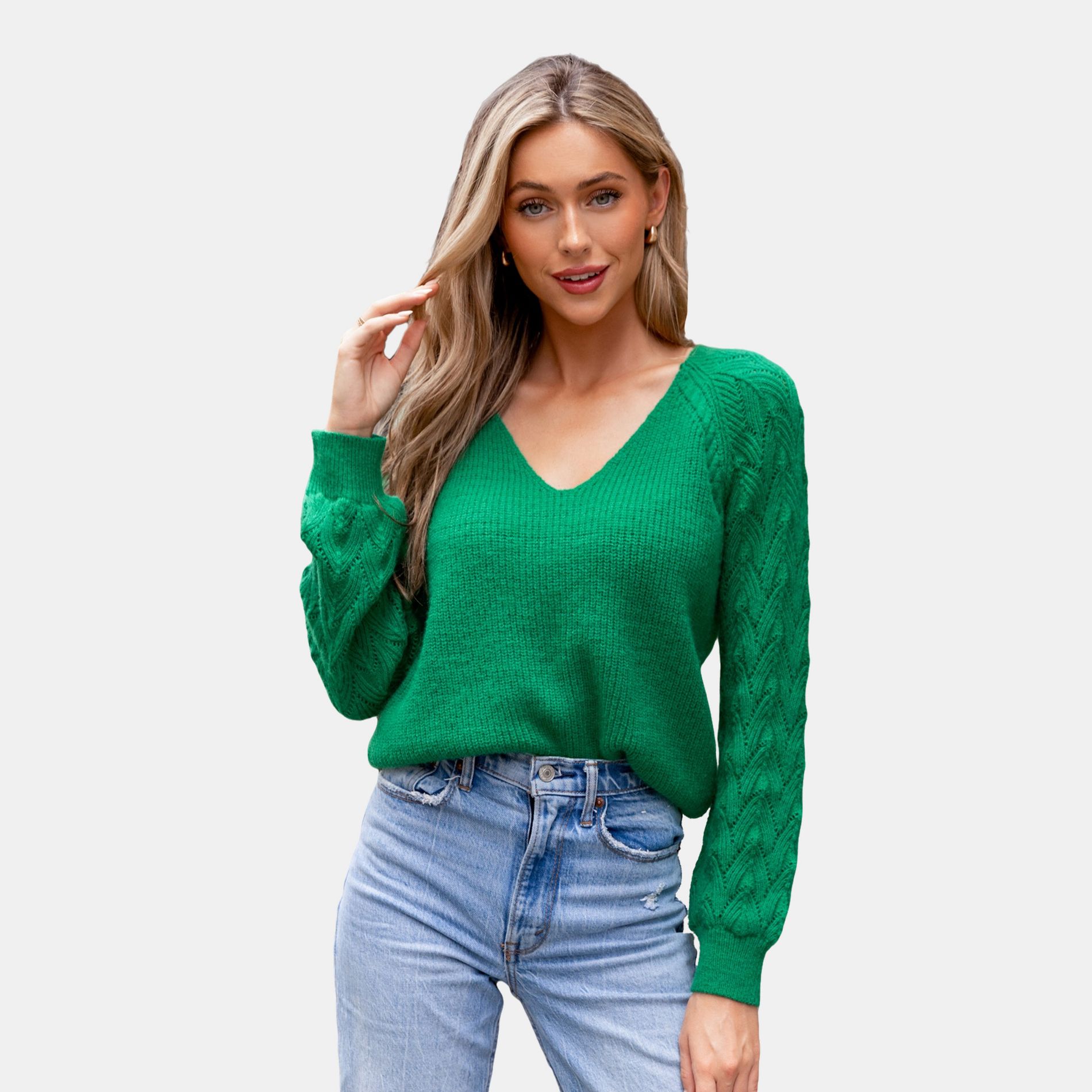 Women's Green V-Neck Long Sleeve Knit Sweater - Cupshe-L-Green