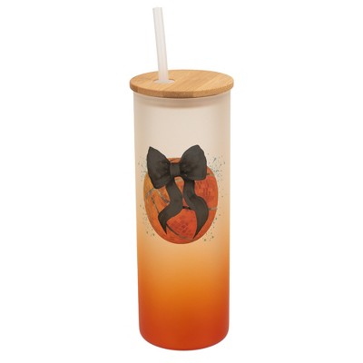 Elanze Designs 25 Ounce Frosted Glass Gradient Travel Tumbler With Straw and Wooden Lid, Basketball Teal Paint Splatter Orange