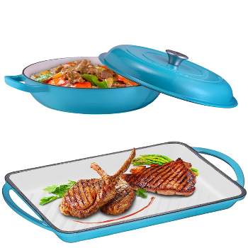 Bruntmor 2 Piece Blue Enameled Cast Iron Cookware Gift Set - Braiser Pan, Skillet & Balti Dish, 3.8 Quart