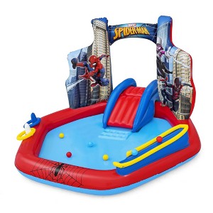 Marvel Spider-Man Inflatable Kids Backyard Water Play Center - Outdoor Sprayer Splash Kiddie Pool with Water Slide Arch, 6 Balls, Ring Toss - 1 of 4